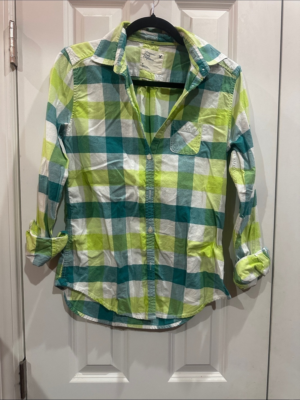 NWOT Women American Eagle Outfitters Lime Green & Teal Plaid Shirt size 6